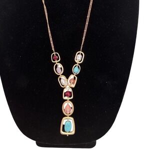 Style & Co Gold Tone Multi Color Faux Stone Pearl Long Y-Necklace Boho Statement